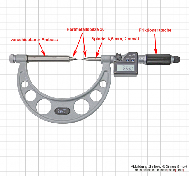 Digital-Messschraube mit HM-Spitzen u verschiebbarem Amboss,  5 - 100 mm, 2 mm/U