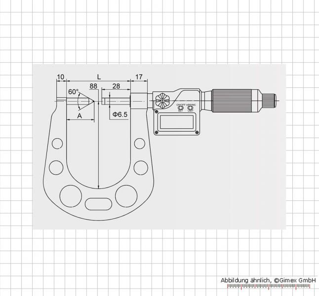 Digital micrometer with one carbide point and one flat carbide meas. face,  7.6 - 33 mm, 2 mm/U