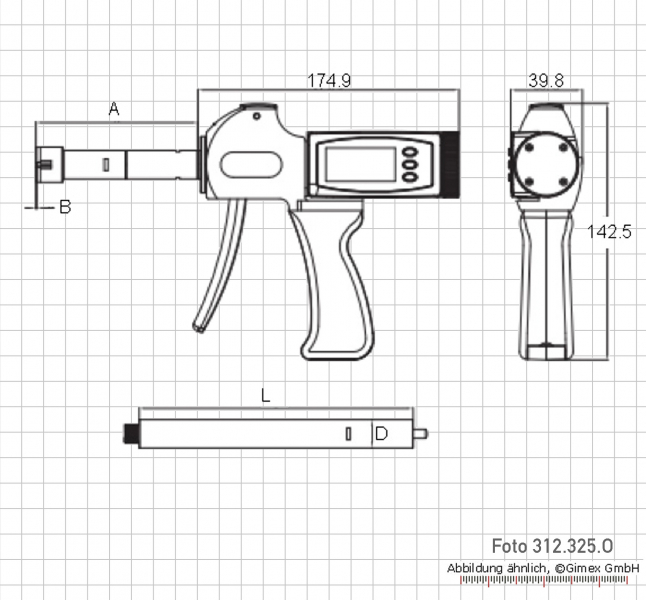 Digital pistol three point internal micrometer set,  50 - 100 mm
